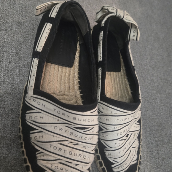 Tory Burch Shoes - Tory Burch Black Espadrille Flats with Branded Ribbon Used 5 1/2